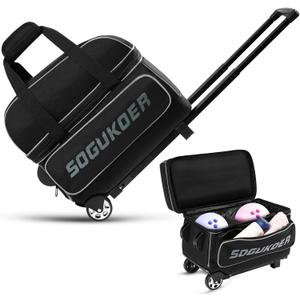 2 Bowling ball Bag with Wheels, Lightweight Trolley Double Ball Bowling bag with Large Separate Shoe Compartment and Oversized Accessory Pocket, Retractable Handle Extends To 39.5" (Black & Grey)