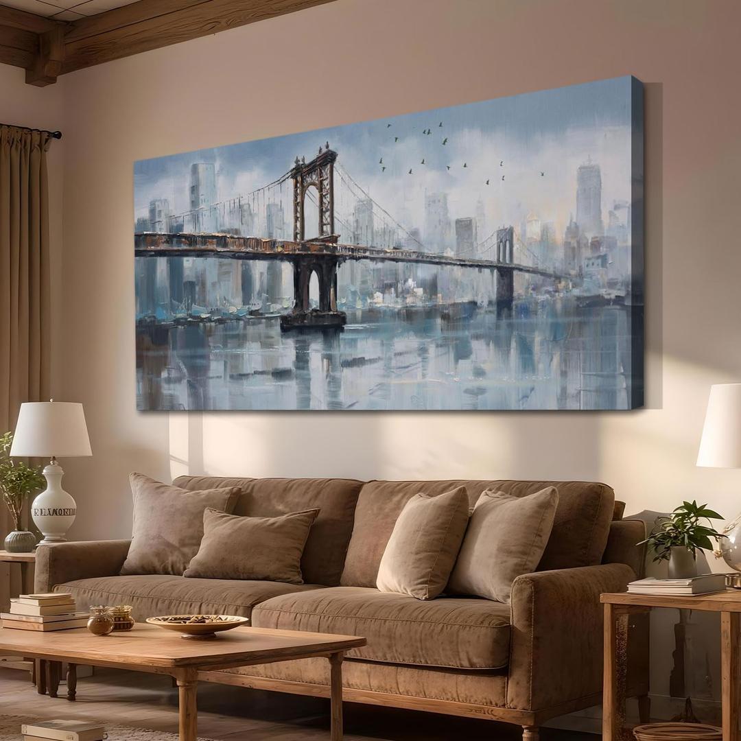Enartly Brooklyn Bridge Wall Art Canvas Abstract Skyline New York City Painting Modern Bridge Colorful NYC Picture Framed for Bedroom Bathroom Living Room Home Office Wall Decor Large Size 58"x29" (Grey Blue NYC)