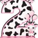 Cow 2nd Birthday Number Sign Centerpiece, Farm Themed Wooden Table Decoration Pink Black White, Two Years Old Birthday Parties Photo Props Supplies Decor