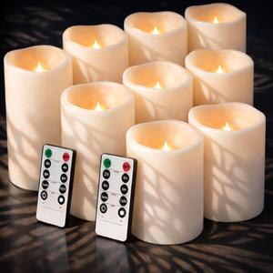 Enido Flameless Candles with Remote, 9 PC Outdoor Waterproof Battery Operated LED Pillar Candles, Flickering Electric Candles with Timer, 3" x 4" 5" 6" for Lantern, Patio, Wedding, Easter