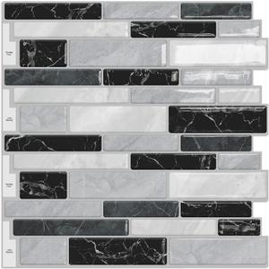 DEWOO Kitchen Backsplash Self Adhesive Wall 3D Marble Tiles Peel and Stick Bathroom, Black Mosaic (10-Sheet, 12"12") (Gray)