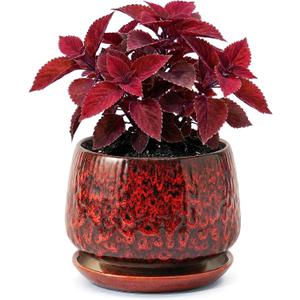 7.5 Inch Ceramic Planter with Saucer,Modern Garden Pots with Drainage Hole Mesh Net, for Indoor Outdoor Use(Speckle Red)