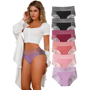 CINVIK Lace Sexy Undies for Women Stretch Full Coverage Control High Waist Cheeky Top Panties 6 Pack S-4XL (6pcs-black*2/Red/Pink/Lilac/Light Brown)
