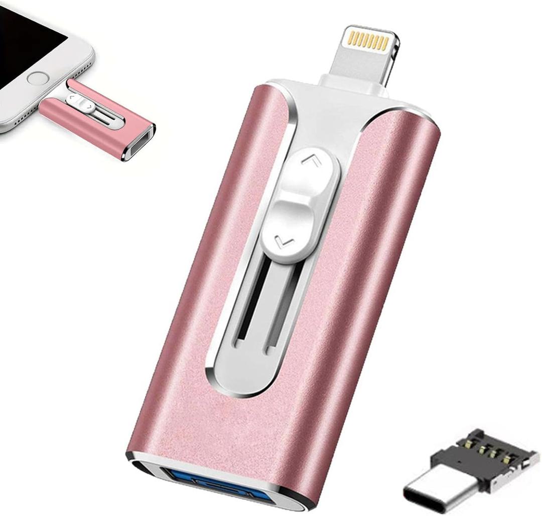 FileNest 4-in-1 USB Flash Drive for iPhone iPad, High Speed Photo Stick External Memory Storage, Thumb Drive Backup USB Memory Stick for Photos and Videos, Compatible with Android PC (Pink, 256GB)