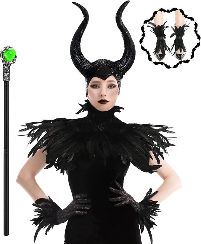 Women's Halloween Maleficent Costume, Gothic Black Crow Darkness Suits with Horn, Staff, Feather Cape Shawl and Long Lace Gloves and Footcovers for Adult Evil Witch Maleficent Queen Cosplay Party One Size