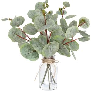 Artificial Eucalyptus Stems in Glass Vase with Faux Water,5Pcs Fake Plant with Double-Sided Leaves and Green Seeds for Centerpiece (Double-Sided Green Eucalyptus with Seed)