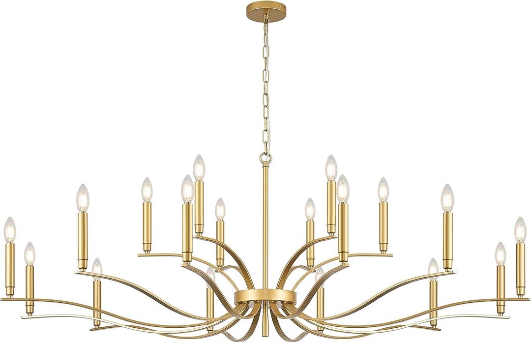 18 Light Gold Living Room Chandelier High Ceiling Foyer Candle Chandelier Large Modern Brass 59in Metal Chandeliers Hanging Light for Master Bedroom Dining Room Light Fixture Over Table