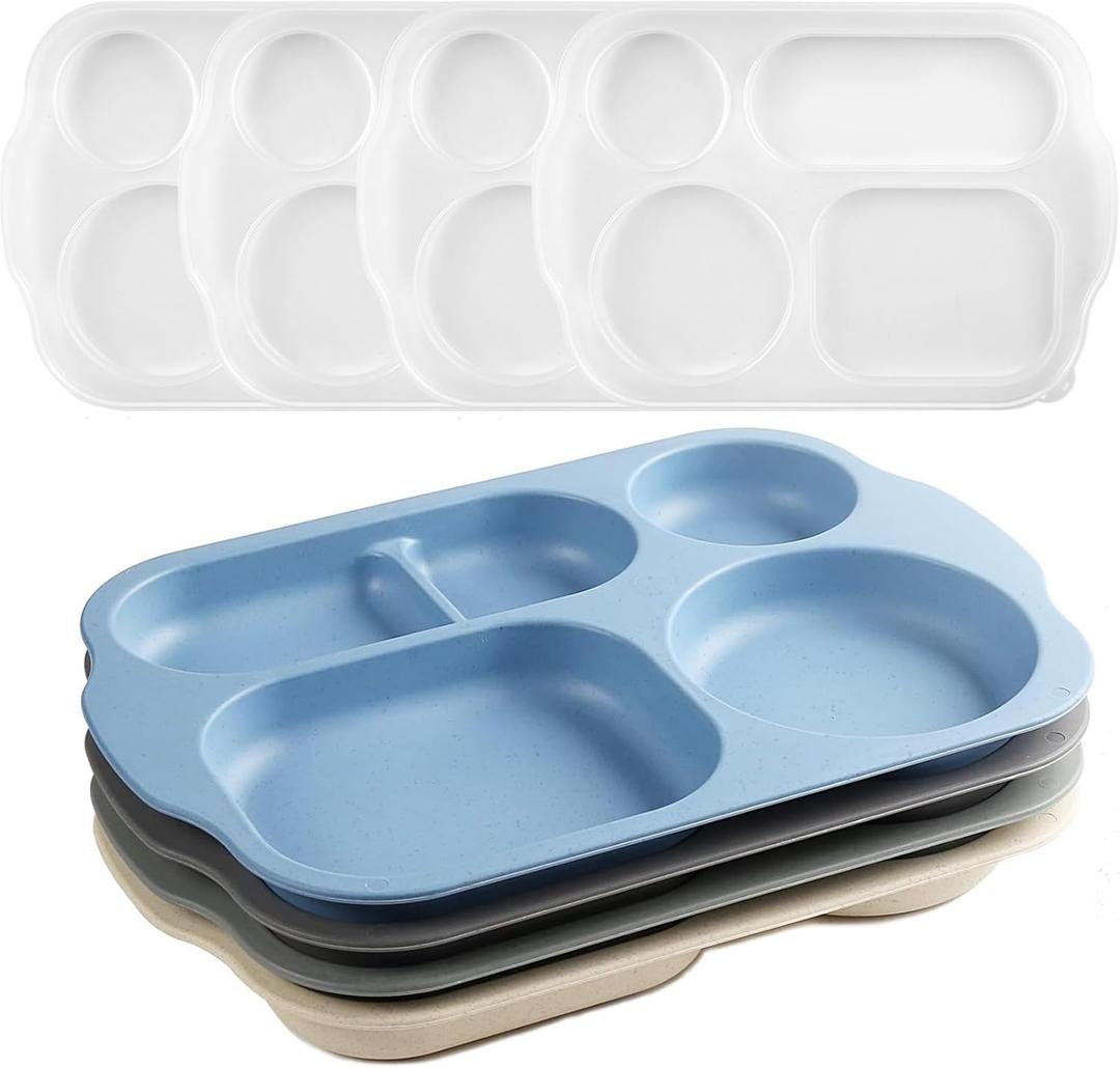 Shopwithgreen Divided Plates for Kids Adults, 12 Inch (4PCS) Plastic Unbreakable Section Plates, Large Lightweight Reusable Compartment Lunch Trays, BPA Free Dishwasher & Microwave Safe, Coastal 