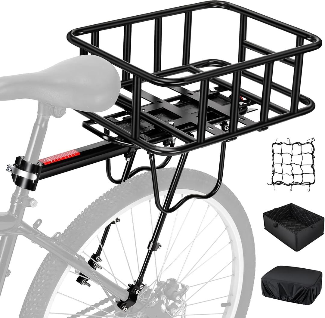 Upgraded Rear Bike Rack with Basket, Removable Adjustable Bike Basket Rear with Liner,Waterproof Cover,Cargo Net, Heavy Duty Bicycle Rear Basket for Most Bikes and E-Bike 17x13x6"