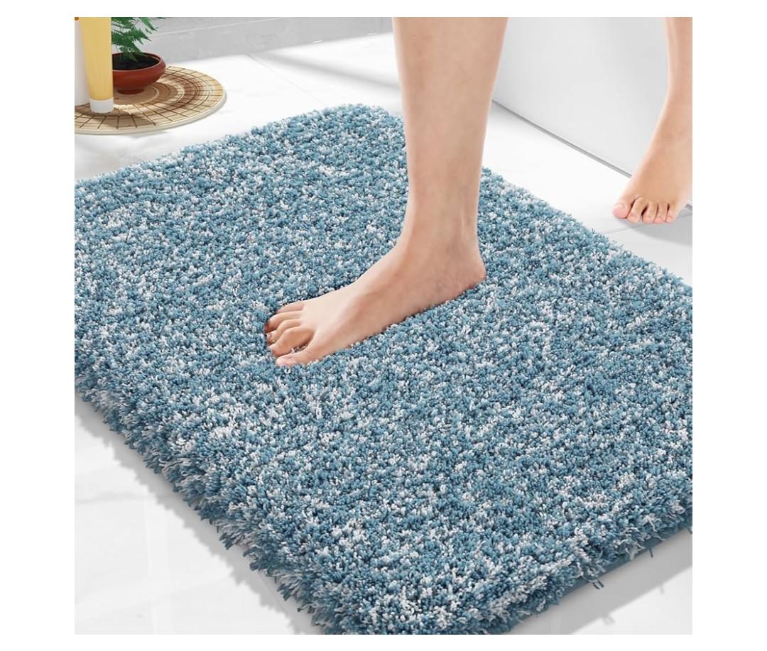 Yimobra Bathroom Rugs Non Slip Washable, Ultra Soft and Water Absorbent Bath Mats, Plush Fluffy Shower Mat Outside, Microfiber Thick Matts for Bathroom Floor/Sink, 24x17, Denim Blue and White