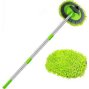 47.5" Car Wash Brush Mop Cleaning Tool with Long Handle Kit for Washing Detailing Cars Truck, SUV, RV, Trailer, Boat 2 in 1 Chenille Microfiber Sponge Duster Not Hurt Paint Scratch Free (Green)