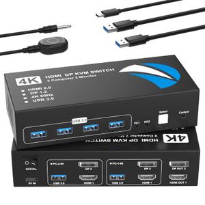 HDMI DisplayPort KVM Switch 2 Monitors 2 Computers, 4K@60Hz Dual Monitor KVM Switches HDMI DisplayPort for 2 Computers Share 2 Monitors and 4 USB Devices for Keybord Mouse Printer Hard Drive