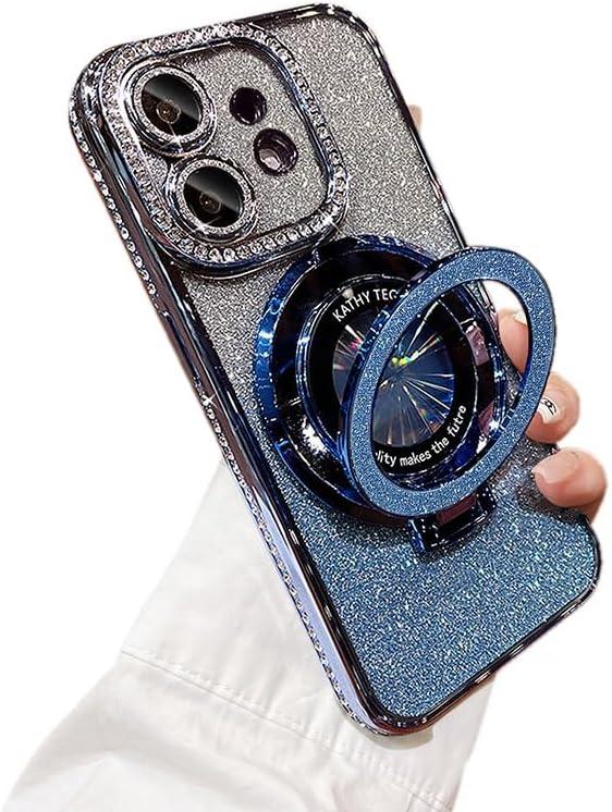 Bling Glitter Phone Case Compatible with iPhone 12, Kickstand Camera Lens Protector Soft Cover Sparkling Rhinestone Case (Blue)