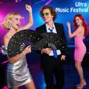 6PCS Glitter Rave Fan,13in Large Folding Hand Rave Fan with 6 Fabric Case Bags, Clack Fans for Line Dancing,Music Festivals,Disco,Glow Party.(Glitter Black)