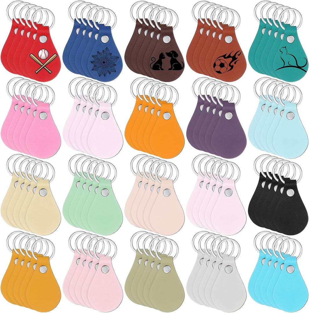 Sasylvia 100 Pcs Leather Key Fob Kit Leather Keychain Blanks with Rivets and Key Rings for Laser Engraving DIY Making Leather(Multicolored)