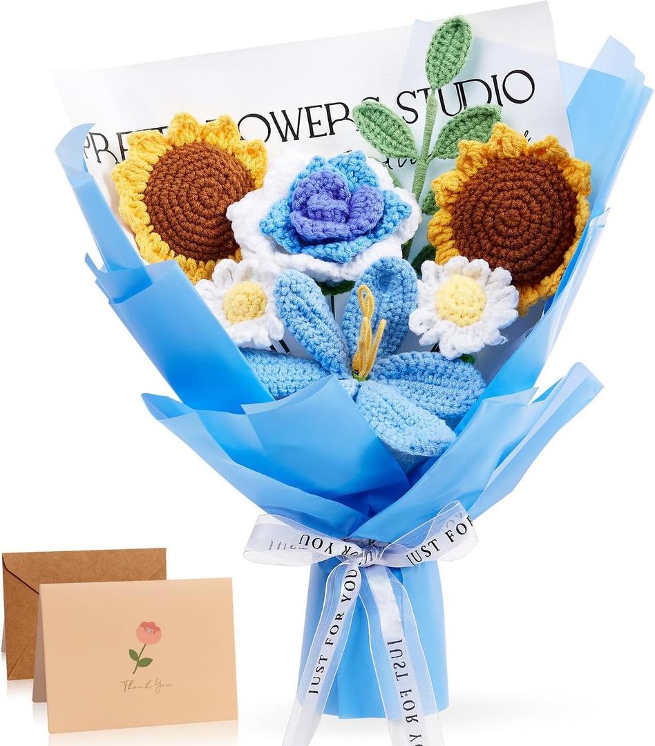 ZHIYUXI Blue Crochet Flower Bouquet Crochet Sunflowers Handmade Knitted Flower Bouquet for Wedding Anniversary Birthday Valentines Day Blue Gifts for Women Men for Dad Husband