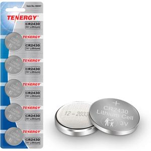 Tenergy CR2430 Battery, 3V Lithium Coin Battery for Car Key Fob, Car Remote, Calculators, Thermometers and More, 5 Count