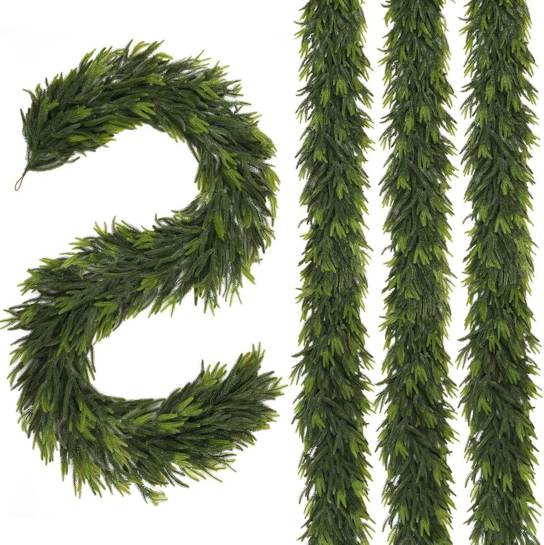 N&T NIETING 9FT Christmas Norfolk Pine Garland, Real Touch Pine Garlands Faux Greenery Garland Winter Christmas Garland for Table Mantle Holiday Indoor Outdoor Xmas Decorations (4 Pcs)