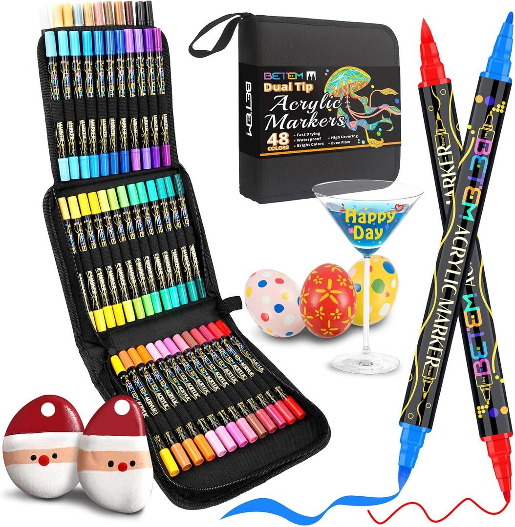 Betem Paint Markers Acrylic Paint Pens, Dual Tip 48 Colors Acrylic Markers with Brush Tip and Fine Point, Art Supplies for Wood, Canvas, Stone, Glass, Rock Painting Kit DIY Crafts Drawing Kit with Bag