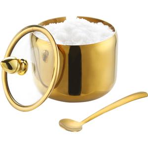 IBWell 10oz Sugar Bowl with Lid and Spoon Gold Sugar Container with Spoon for Coffee Bar Kitchen Accessories for Seasoning Sugar Salt Coffee Bean