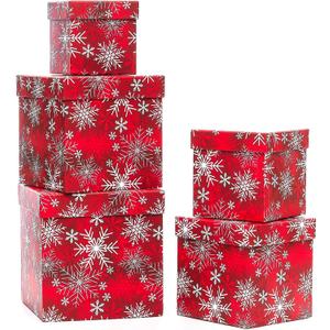 UNIQOOO 5PCS Christmas Nesting Gift Boxes with Lid, Xmas Nested Box Set, 5 Sizes, Square Stackable, Red White Snowflake Candy Cane Paper Box Tower Dcor, for Holiday Thanksgiving New Year Packaging