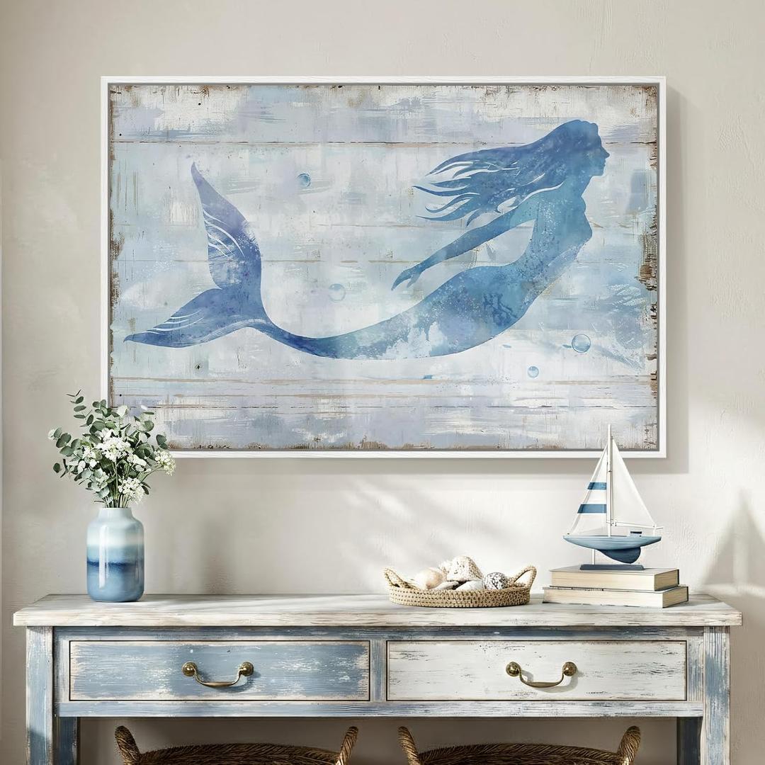 Framed Coastal Mermaid Canvas Wall Art, Blue and White Ocean Wall Decor Art Prints, Large Rustic Beach Theme Pictures for Bedroom Bathroom Dining Room Living Room Farmhouse Wall Decor 24x36 In