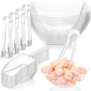 FoldTier 16oz 6 Clear Plastic Candy Bowls, 4 Scoops and 4 Tongs Set Square Disposable Plastic Buffet Containers for Chip, Snacks Popcorn Candy Bar Birthday Party Supplies