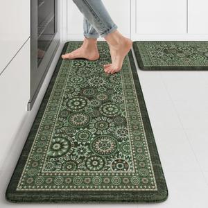 KIMODE Anti Fatigue Kitchen Mats for Floor 2 Piece Cushioned Boho Kitchen Rugs Memory Foam Kitchen Floor Mats Standing Desk Mats for Laundry Office Sink Green 17"x47"+17"x29"