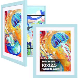 KINLINK 10x12.5 Kids Art Frame Set of 2, Solid Wood Kids Artwork Frames Changeable with Front Opening Hold 150 Pictures, Art Frames for Kids Art with Matwithout Mat 10x12.5 Picture Frame Light Blue