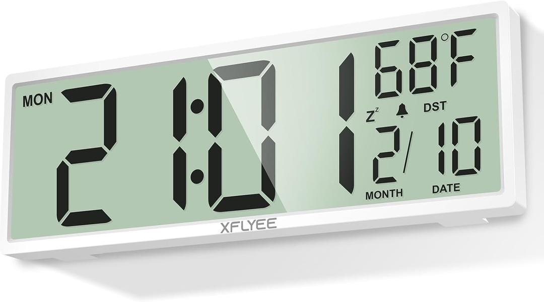14.5'' Large Digital Wall Clock Battery Operated with Jumbo Numbers, Auto DST, Day, Date, Alarm, Temperature for Living Room, Bedroom, Desk Decor, Gift, LCD Screen Display Easy to Read and Set (White)