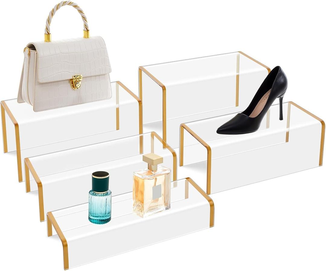 RattanView 5 Pack Clear Acrylic Purses Display Stands, 11" L 5mm Thick Luxury Purse, Handbag, Jewelry & Perfume Risers, Gold Luxury Shoe Display Riser for Closet, Boutique, Vendor Events (5 Tier)
