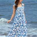 BROVAVE Women Summer Floral Dress: Casual Square Neck Flowy Boho Beach Midi Sundress Sleeveless Tie Shoulder Vacation Daily (Blue, L)
