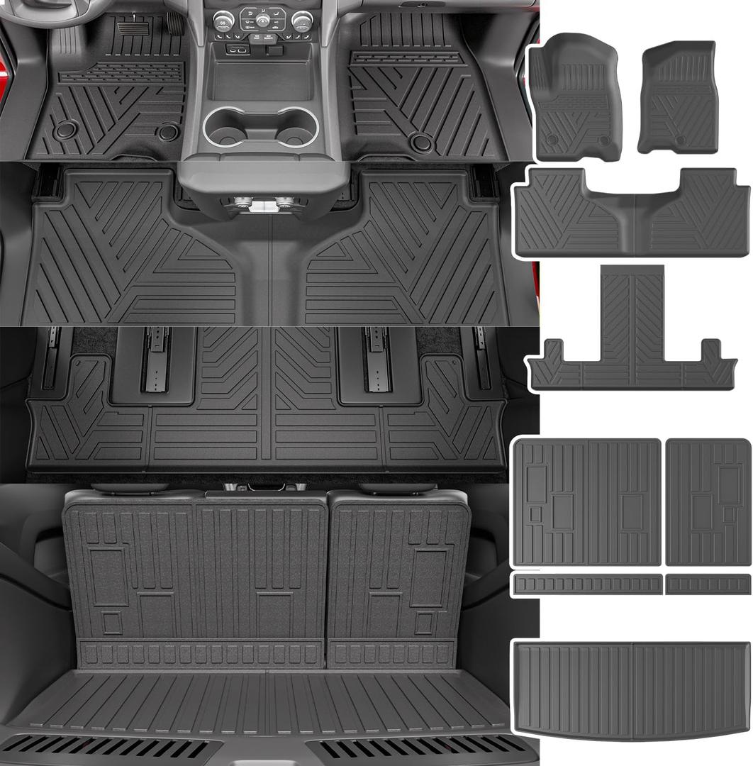powoq 7Seat Floor Mat Compatible with 2022-2025 Chevy Tahoe/GMC Yukon Trunk Backrest Mat Cargo Liner Replacement for 2022-2024 2025 Chevy Tahoe/GMC Yukon Accessories(Trunk Mat+Backrest Mat+Floor Mat)