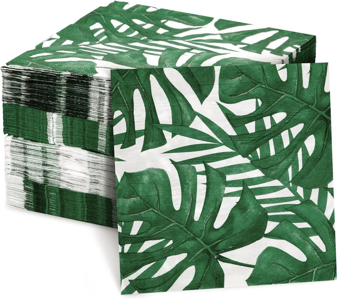 BLUE PANDA 150 Pack Tropical Palm Leaf Napkins, Hawaiian Luau Napkins for Jungle Safari Birthday Party Supplies (6.5x6.5 In) - Hawaiian Party Decorations