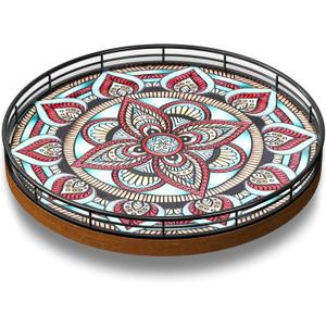 Oak Bohemia Lazy Susan 10.2" Turntable Organizer for Table Top with Ceramic 3D Boho Texture, Round Wooden Lazy Susan for Dining Table Decor, Kitchen, Countertop, Home Decor, Walnut Wood, Farmhouse