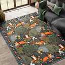 Estmy Green Black Botanical 8x10 Area Rug Washable, Vintage Floral Cottagecore Woodland Indoor Living Room Rug, Cute Abstract Tropical Jungle Forest Area Rug Large Carpet for Dining Room Bedroom Dorm