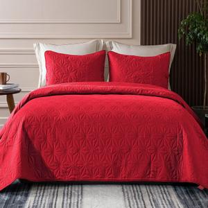 Whale Flotilla Twin Quilt Bedding Set, Soft Bright Red Bedspreads Quilts Twin XL Size for All Seasons, 2 Pieces Lightweight Geometric Star Pattern Coverlet (Twin(68"x88"))