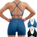 SUUKSESS Women 2 Piece Open Back Strappy Sports Bra Pack Twist V Neck Workout Crops (Large, #2 Blue & Black)