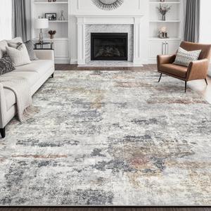 Living Room Area Rugs - 10x14 Abstract Large Soft Indoor Washable Rug Neutral Modern Low Pile Carpet for Bedroom Dining Room Farmhouse Home Office - Grey/Orange/Yellow