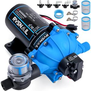 12V RV Water Pump, 7.5GPM 80PSI 5-Chamber Diaphragm Pump, Self-Priming with Heavy Duty Pressure Switch & Strainer for RV, Marine, Boat, Yacht, Caravan, Off-Grid Living