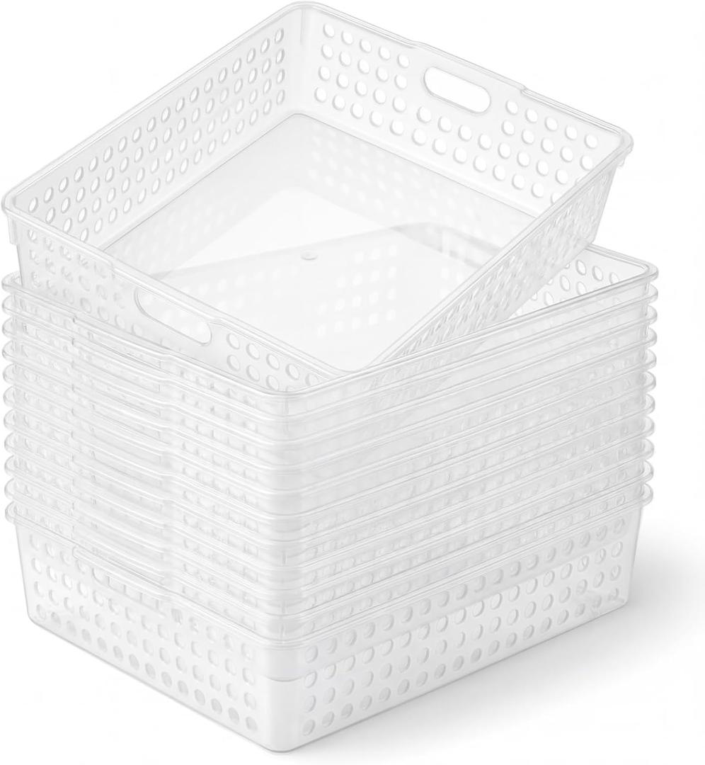 Geetery 12 Pack Classroom Storage Baskets with Handle 14''x10'' Paper Tray Holds A4 Turn in Trays Plastic Paper Baskets Desk Organizer Bin for Classroom, Library, Office, Home (Clear)