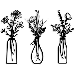 Pigort 3 Pieces Metal Flowers Wall Arts - Rustic Farmhouse Decor Black Minimalist Flower Wall Decors for Living room Bathroom Bedroom Dining Room - Housewarming Gifts(Black, Vase-C)