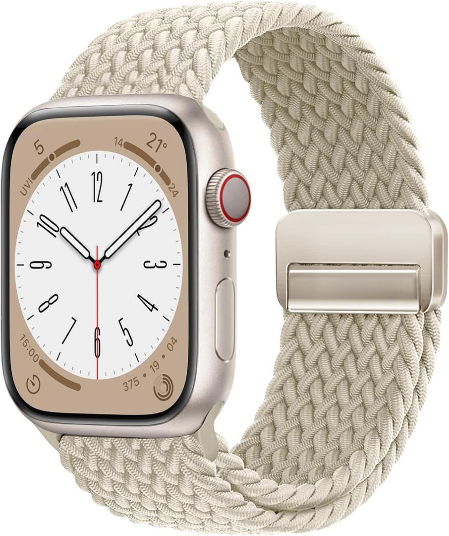 Magnetic Braided Solo Loop Band Compatible with Apple Watch Series 10 42mm 46mm 9 8 7 6 5 4 40mm 41mm 44mm 45mm 49mm for Women Men, Stretchy Nylon Elastic Sport Strap for iWatch SE/Ultra 1/2 (38mm/40mm/41mm/42mm(series 10), Beige)