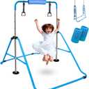 Folding Gymnastics Bar for Kids, Adjustable Height Junior Training Kip Bar, Home Expandable Horizontal Gymnastic Monkey Bars Equipment, Upgrade with Foam Bar Pad and 2 Gymnastics Wrist Grips for Free (blue)