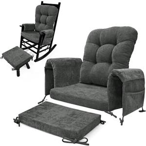 5 PCS Glider Rocker Replacement Cushions with Storage Side Pocket, Luxuriy Chenille Fabric Foam & Microfiber Filling, Thickened & Supportive Rocking Chair Cushion Set, Dark Grey