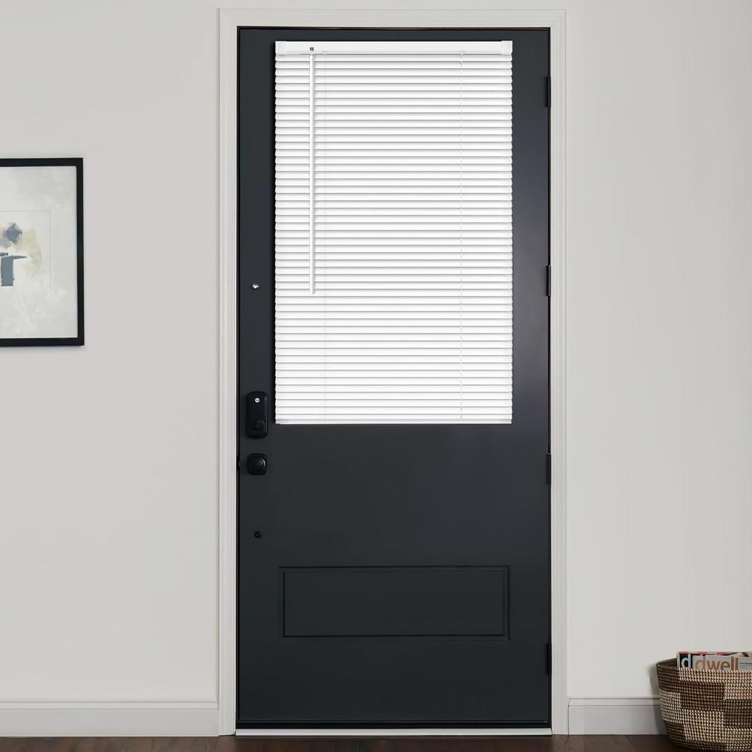LazBlinds 1" Vinyl Mini Blinds for Doors, Cordless French Door Blinds for Privacy, Light Filtering Privacy Horizontal Shades for Front Door Patio Sidelight Glass Door, 25" W x 40" H, White