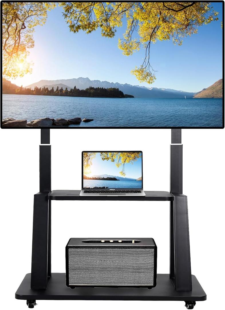 Rolling TV Stand Mobile TV Cart on Wheels for 42-86 Inch Flat/Curved LED/LCD/OLED Height Adjustable Heavy Duty Floor Portable TV Stand with Wheels with Laptop DVD Shelf Holds up to 176lbs