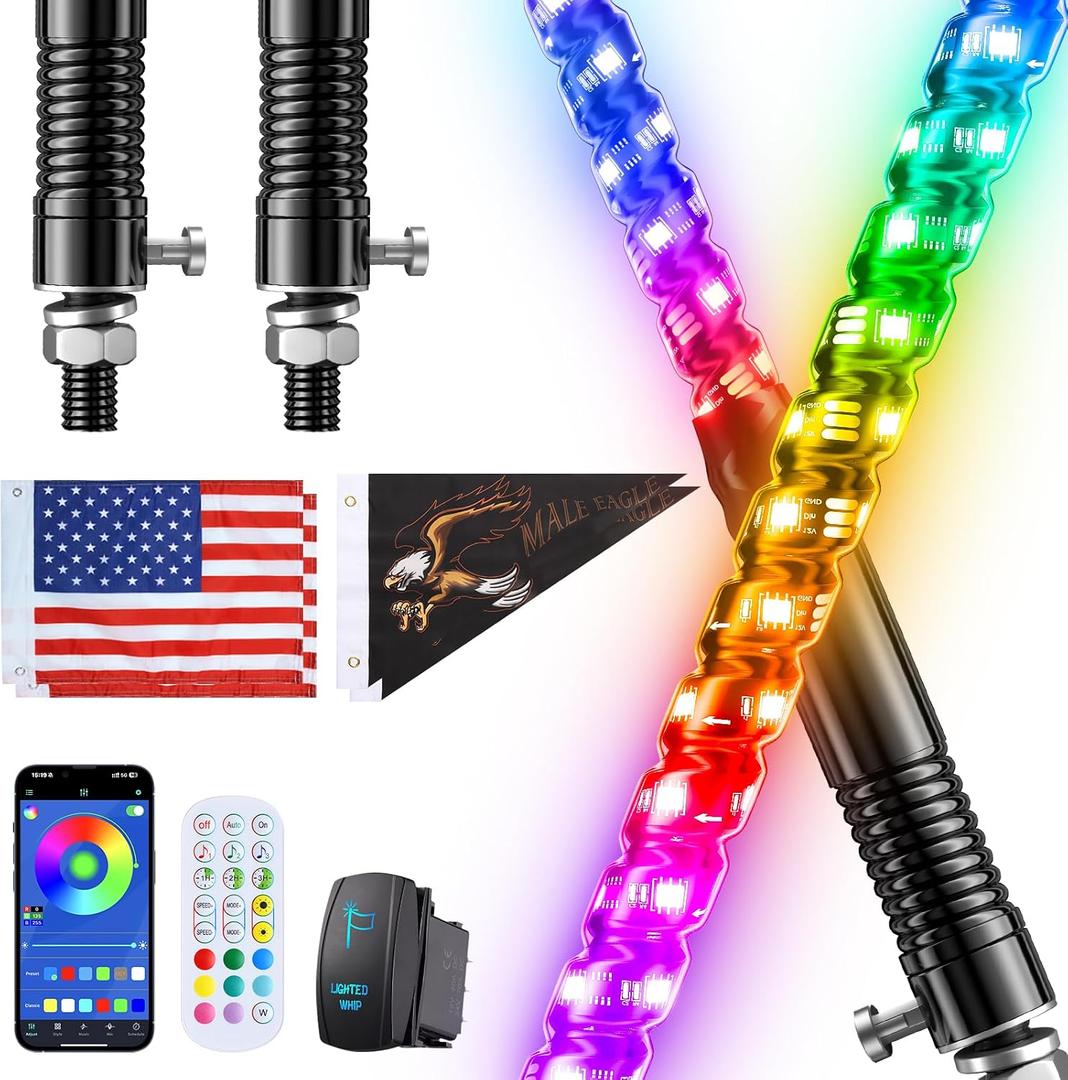 Ehaho 2PCS 4FT Whip Lights w/Spring Base, RGB Chasing, APP & Remote Control
IP67 LED Whip Lights for Side by Side with 366+ Light Modes, Music Sync, Brake/Turn/Reverse, Switch for UTV ATV RZR SXS