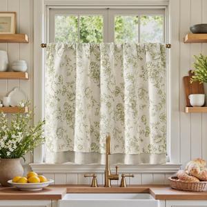jinchan Linen Kitchen Curtain 36 Inch French Floral Double Layer Curtain Farmhouse Vintage Tier Drape Rustic Half Window Curtain for Living Room Window Treatment Rod Pocket 1 Panel Green on Beige