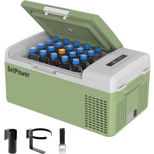 Setpower FC15 Portable 12v Refrigerator, -4-68 Fast Cooling Car Refrigerator, 15L/15.8Qt Car Fridge Portable Freezer with 12/24V DC & 110/240V AC, Electric Cooler (Green, 15L With AC Adapter) (16QT(3 years))